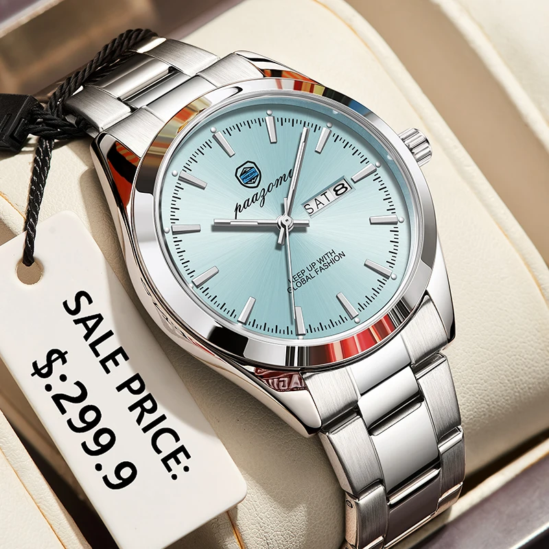 PAAZOMU Orologio da uomo di marca di moda impermeabile luminoso orologi in acciaio inossidabile per uomo data settimana orologio da uomo al quarzo casual Reloj
