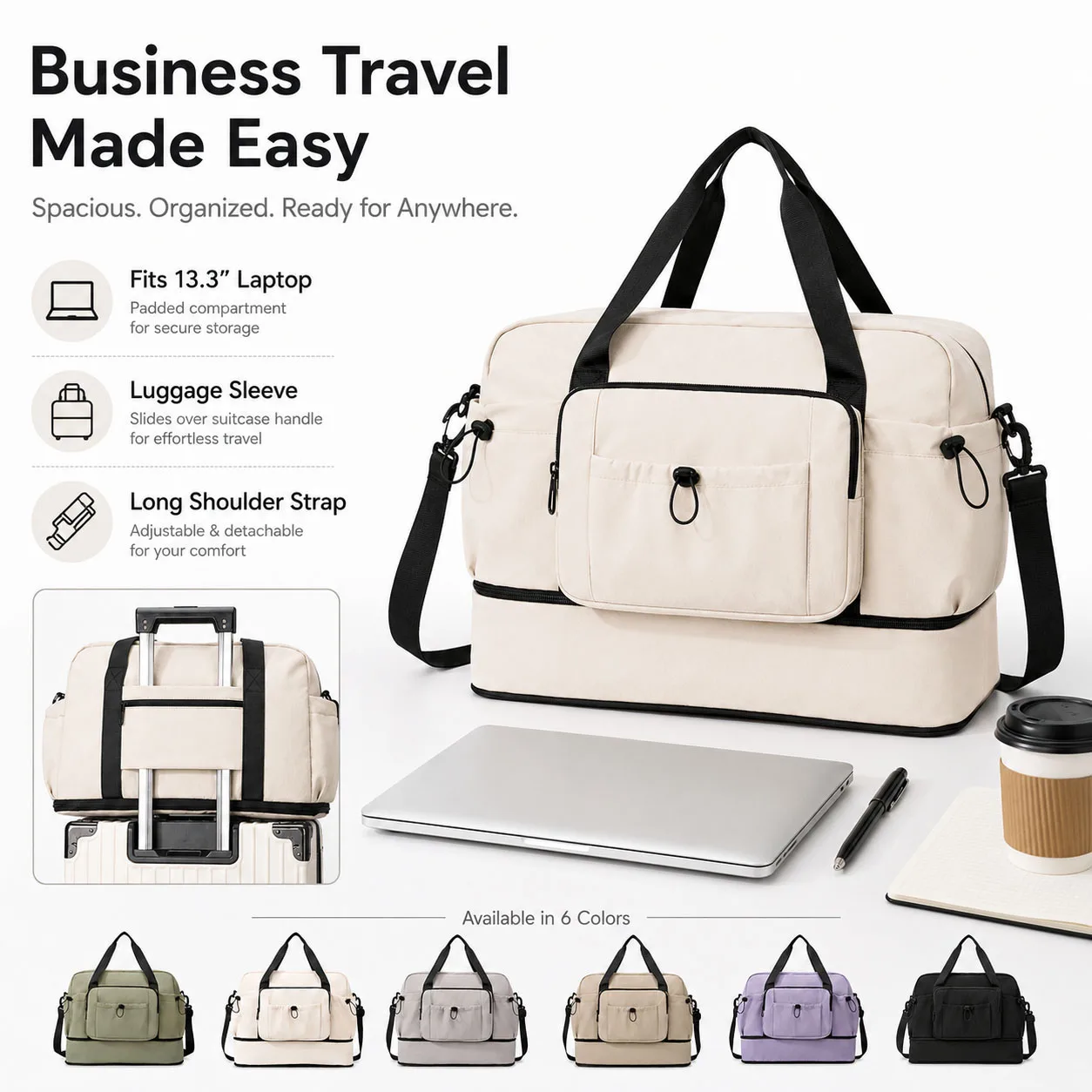13.3 Inch Laptop Travel Tote Bag Water Resistant with Luggage Sleeve Multi Pocket Shoulder Carry for Business Trips