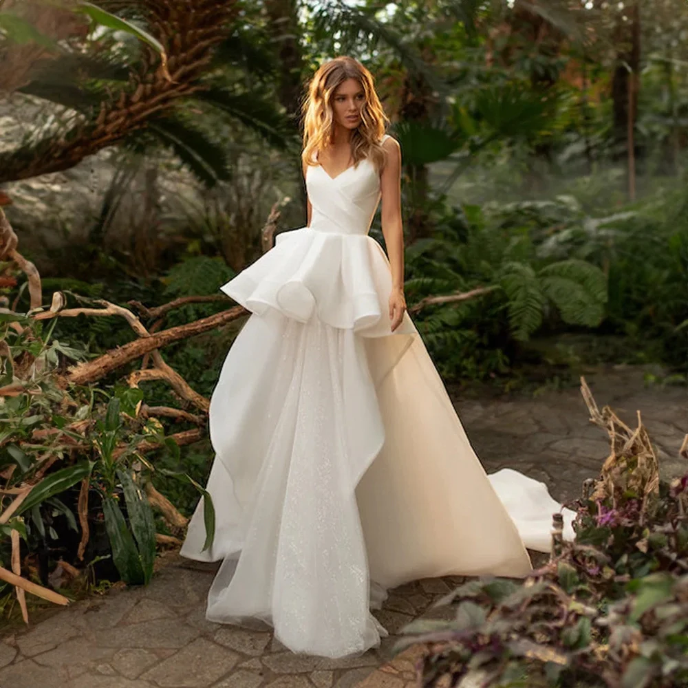 Vestido de novia de satén con tirantes finos y cuello en V para mujer, vestido de novia con volantes, línea A, Espalda descubierta, vestido de fiesta de boda