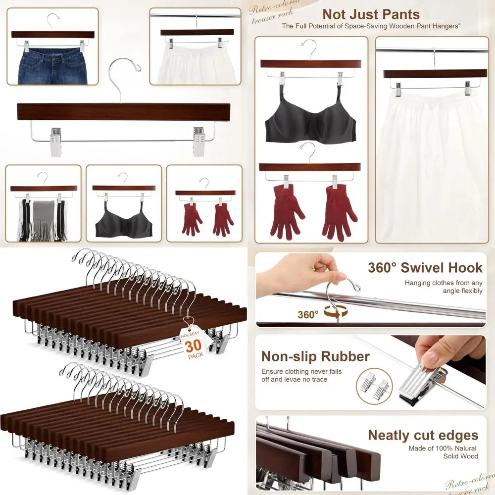 

Solid Wood Skirt Suit Coat Hangers with Clips, 360-Degree Swivel Hook, Adjustable Clips, 14-Inch Brown Stylish for Trousers Jean