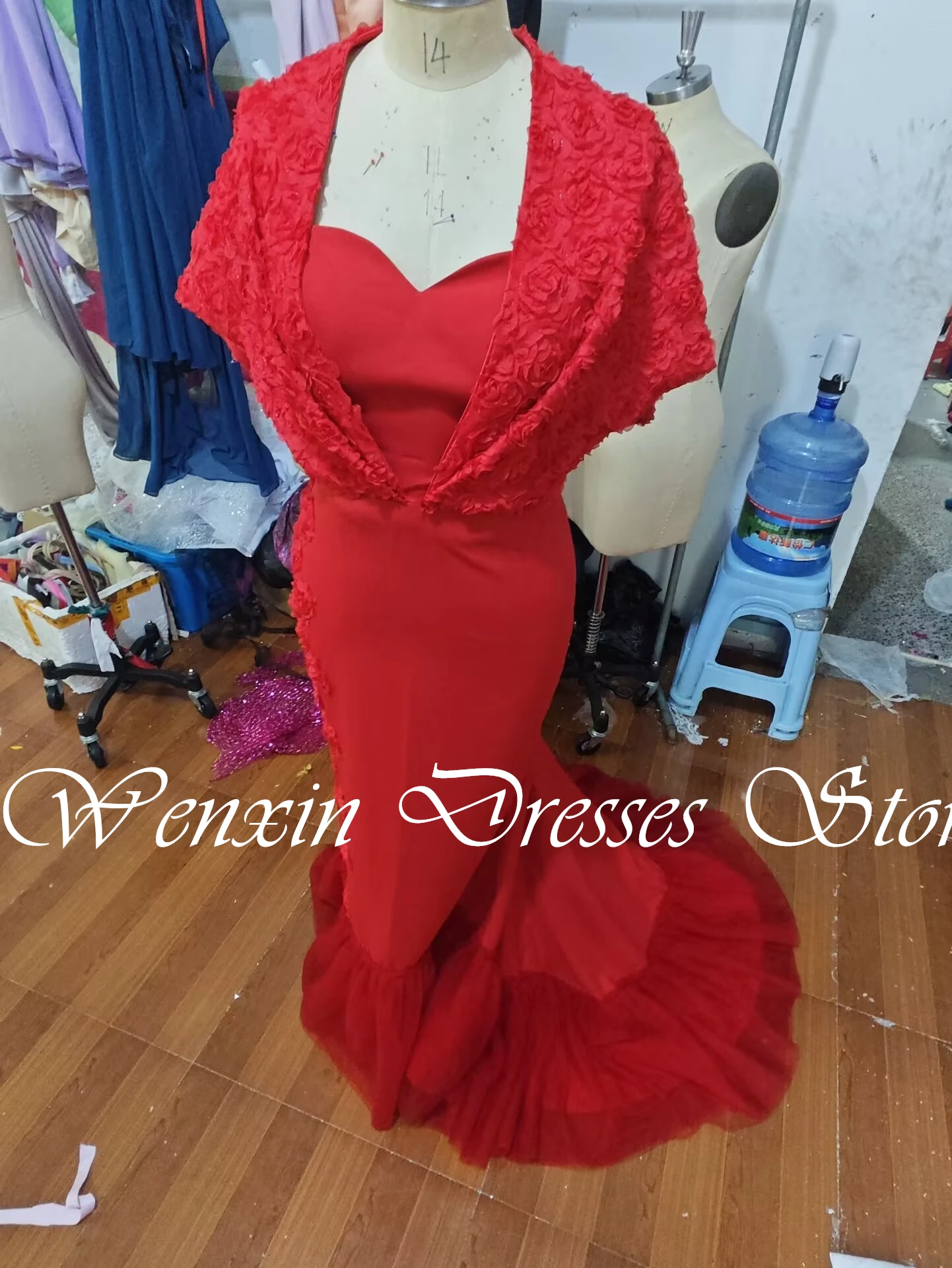 Exquisite Mermaid Red Floor Length Square Neck Jersey Sleeveless Evening Dress Classic Court Train Pleat 3D Flowers Saudi Arabia