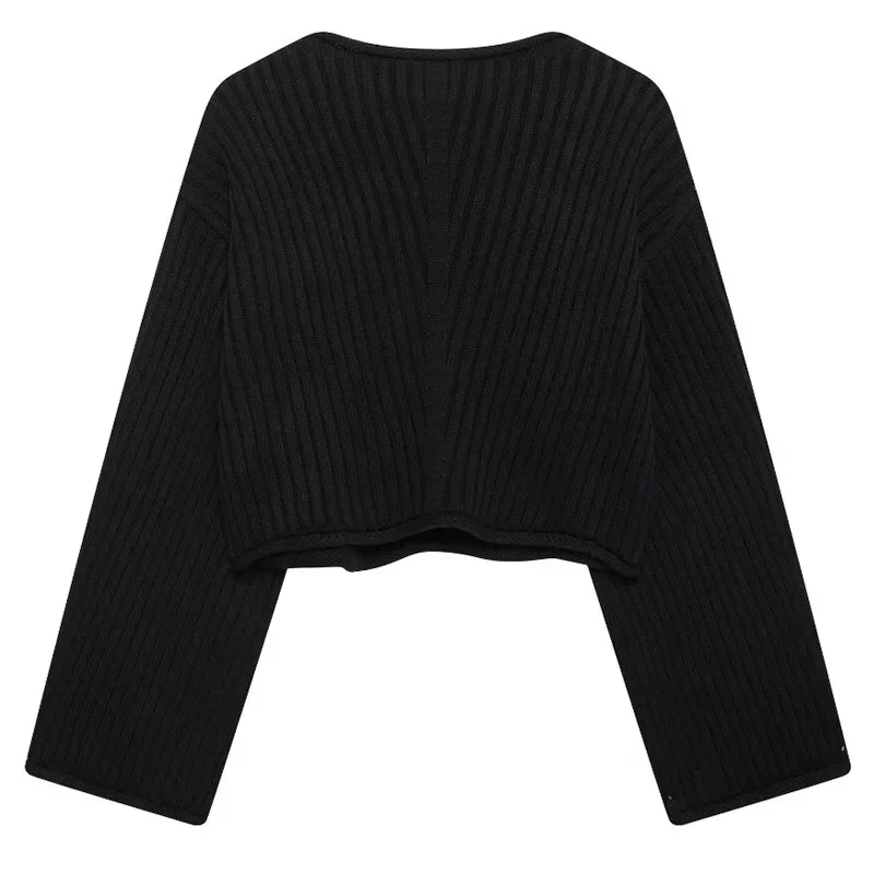 TRAF Crop Black Knitwear Women's Sweater Autumn Winter O-Neck Pullover Women's Jumper Long Sleeve Top Chic Ribbed Knit Pullovers