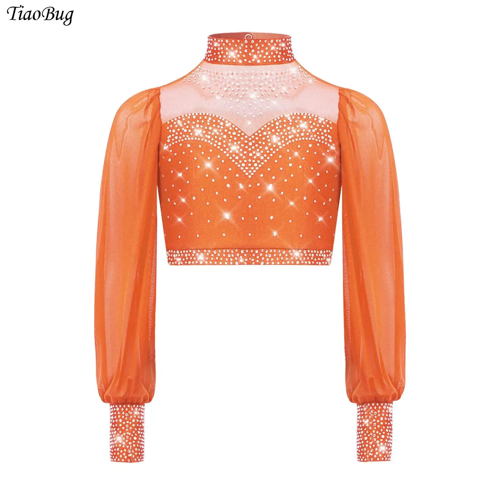 

Kids Girls Lyrical Jazz Dance Tops Long Sleeves Mock Neck Sheer Mesh Cutout Back Rhinestones Pullover Dance Crop Top for Ballet