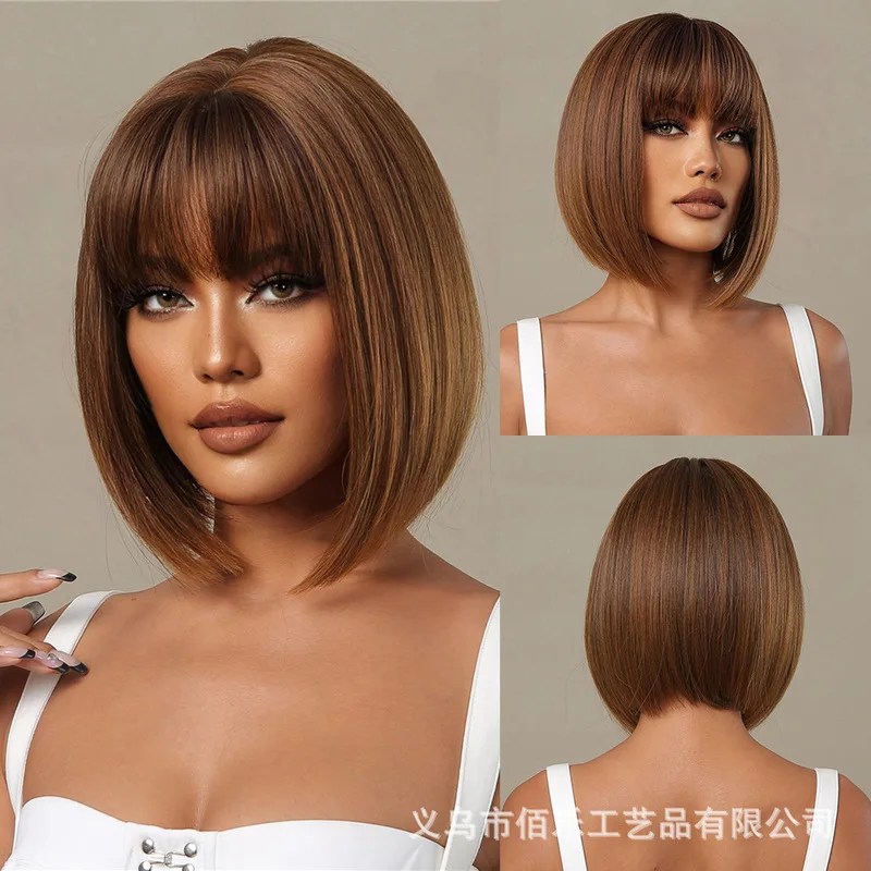 Brown bob wig with bangs, bobo short hair, natural everyday synthetic fiber wigs