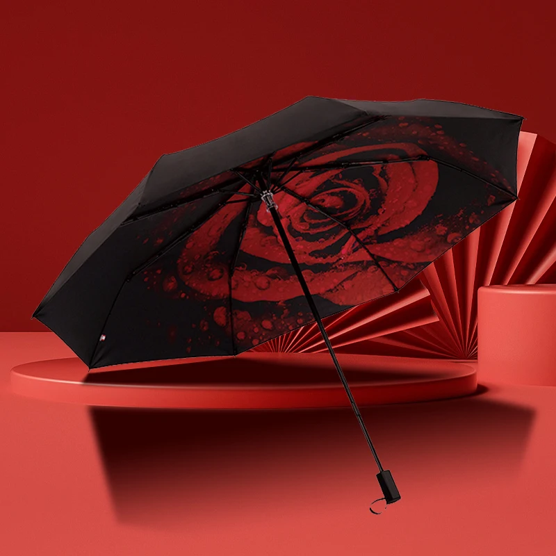 Red leaf Three Fold Manual Umbrella Black Glue Coating Rose Print Flower Pattern Umbrella Sun and Rain Protection Umbrella