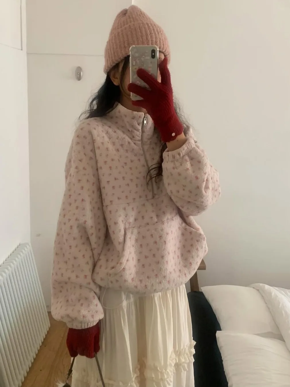 Felpa in pelliccia di agnello con stampa floreale Colletto alla coreana con cerniera Autunno Inverno da donna Anti-età Grande ket Top caldo versatile