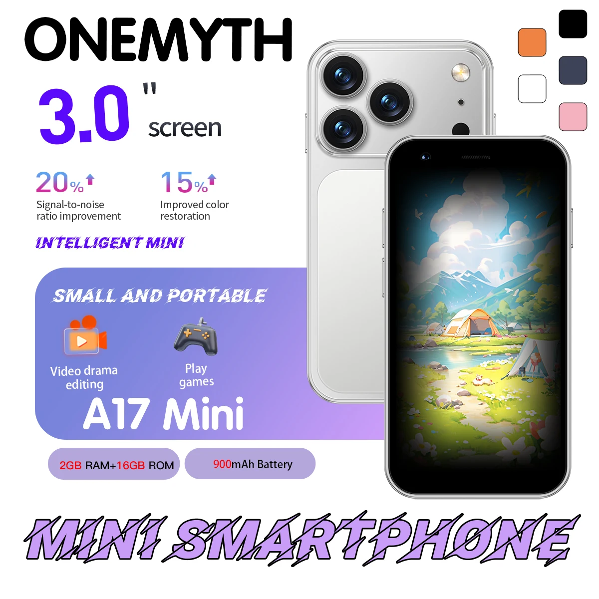 A17 Mini is a 3.0-inch mini smartphone with 2GB of RAM and 16GB of storage. It supports WiFi, GPS, and the Google Play Store.