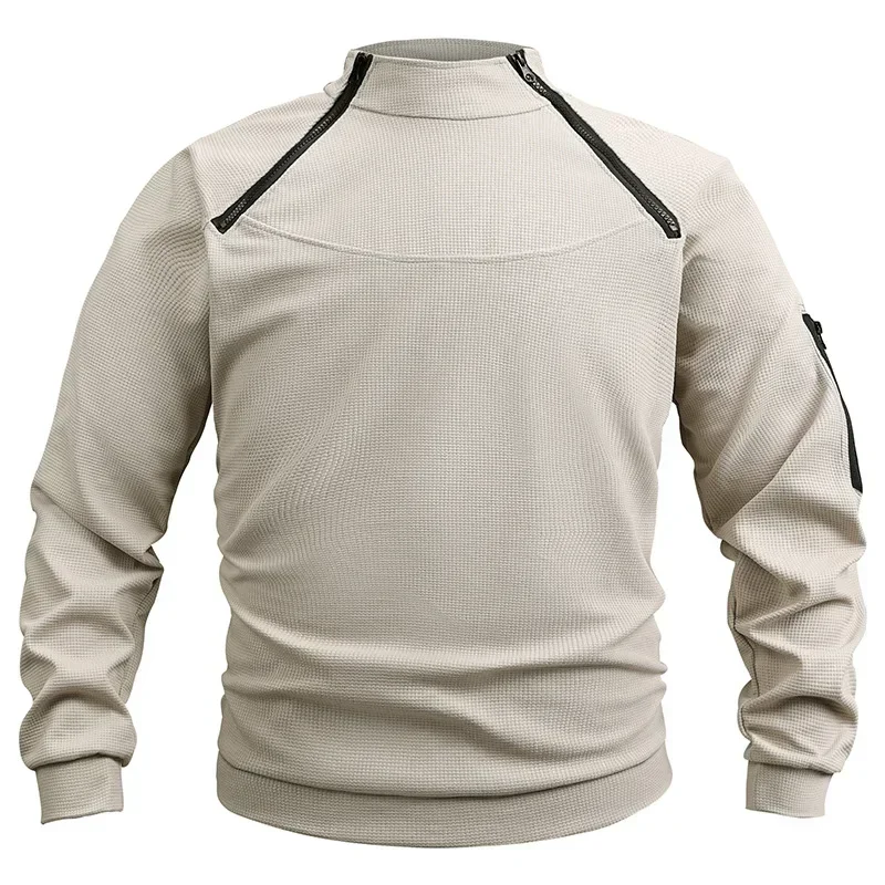 

Pop Spring Autumn Men's Casual Long Sleeve T-shirt Waffle Outdoor Tactical Loose Round Neck Youth Solid Color Top