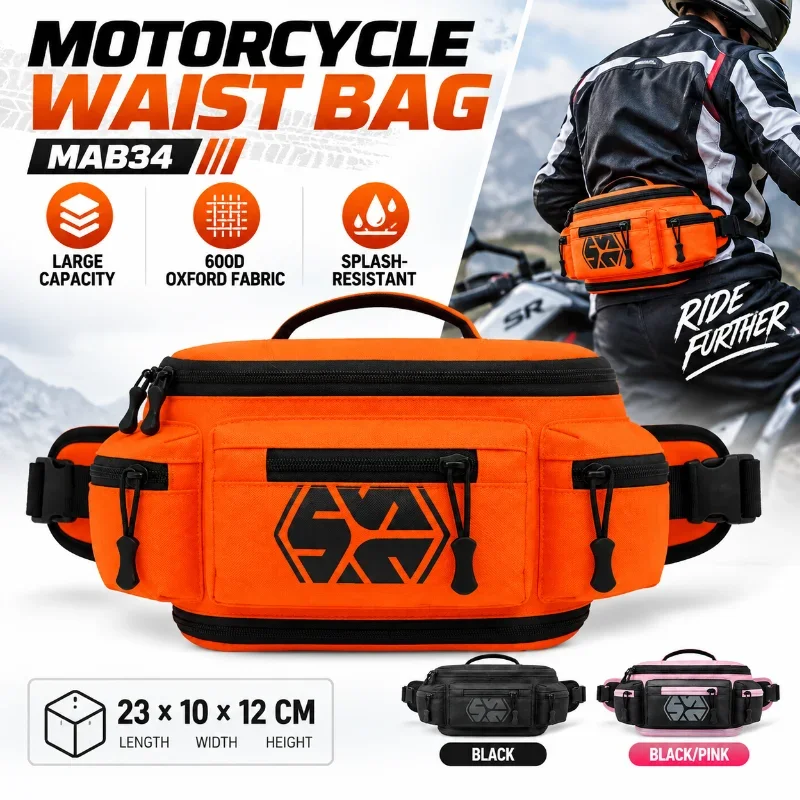 MAB34 Motorcycle Waist Bag Large Capacity 600D Oxford Fabric Water Resistant Multi-Pocket Riding Fanny Pack for Men Women