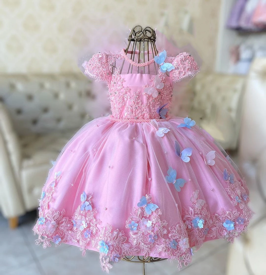 Abito da ragazza di fiori di perle rosa per matrimonio o-collo Tulle 3d Applique lunghezza del pavimento gonfio bambini compleanno prima comunione abito da ballo