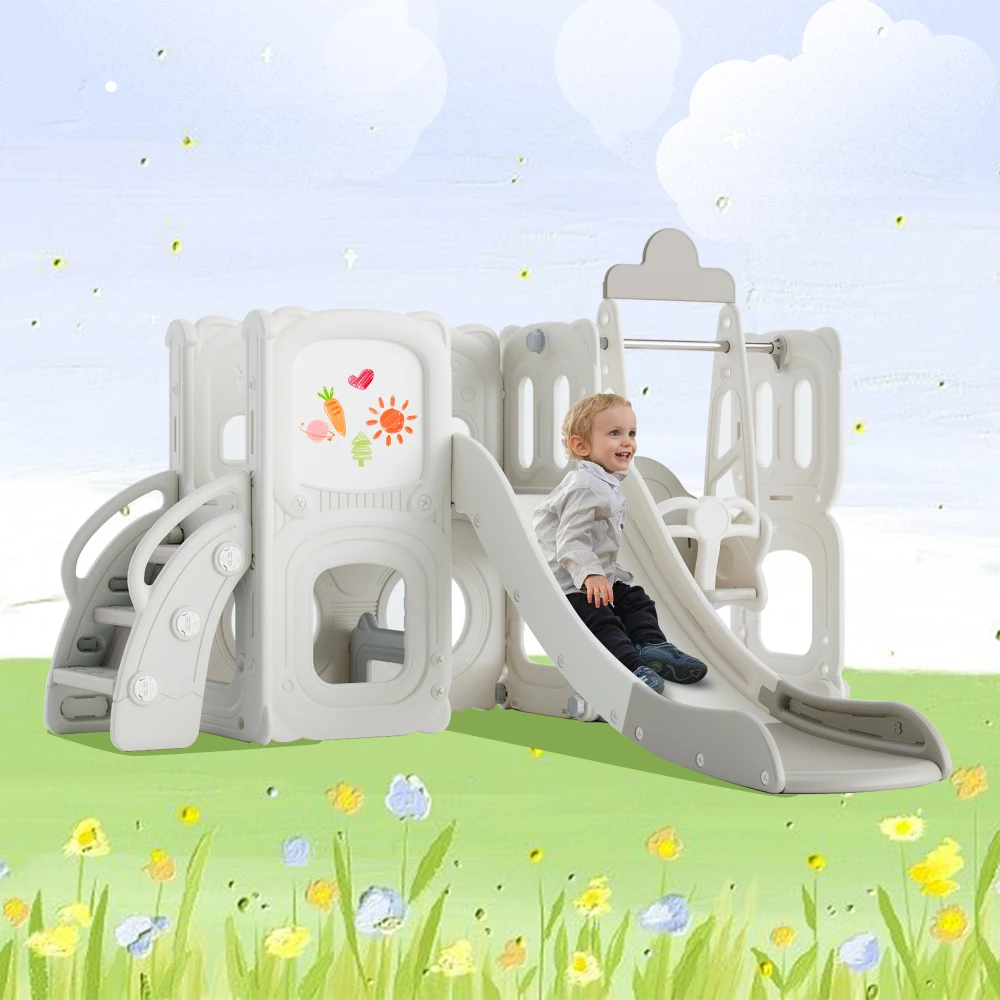 5 in 1 Toddler Slide and Swing Set, Kids Playground Climber Slide Playset with Drawing Whiteboard, Freestanding Combination