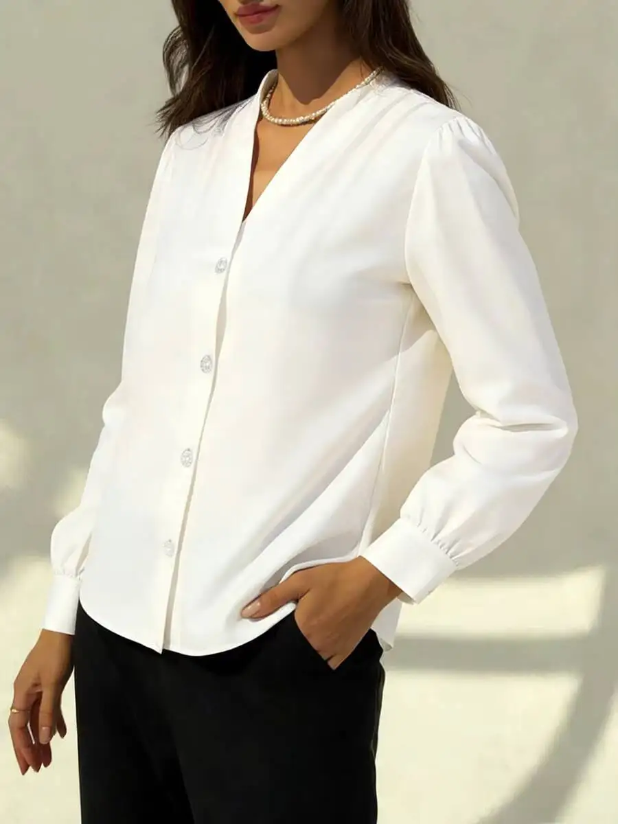 

Women's V Neck Button Front Blouse Satin Regular Fit Top Elegant Blouse Spring Summer Chic Blouse Daily Lightweight Top