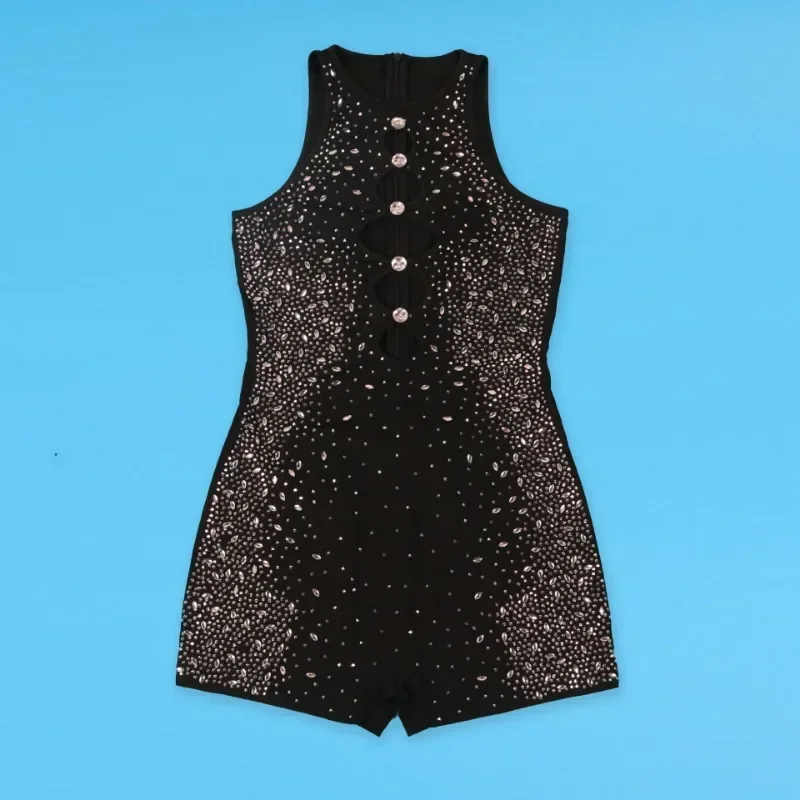 GUWU Fashion Women Hot Rhinestones O-neck Sleeveless Playsuits Diamonds Short Jumpsuits  Party Chic One Piece Suit Rompers