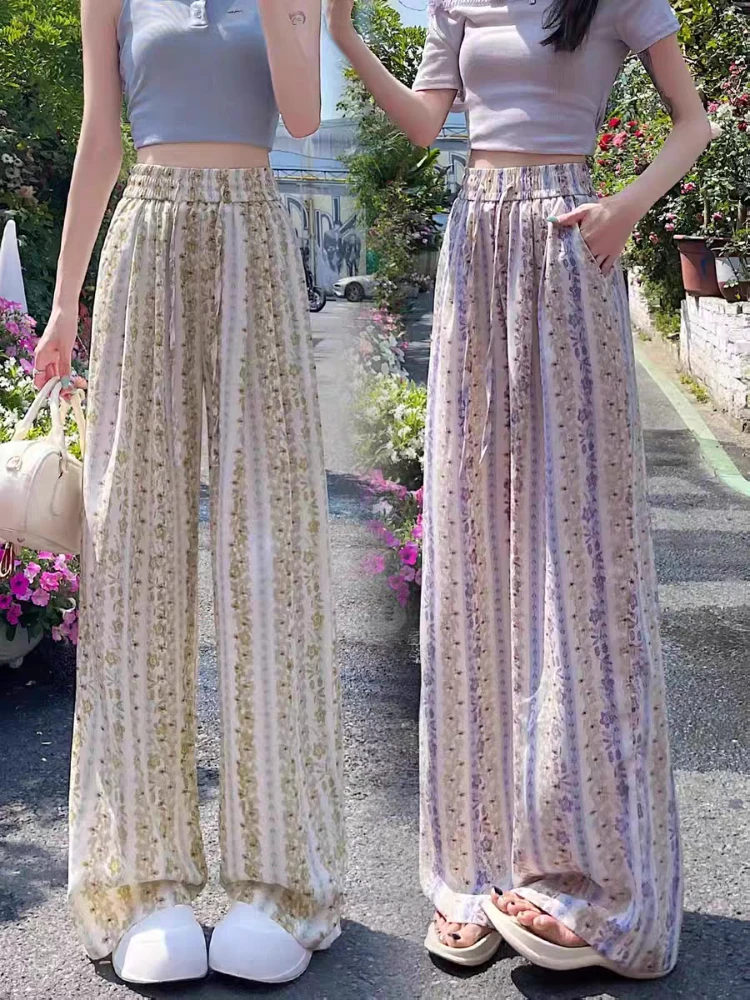 

Summer Flowy Floral Pants Women's Loose Wide Leg Design High Waist Lightweight Drape Vacation Sun Protective
