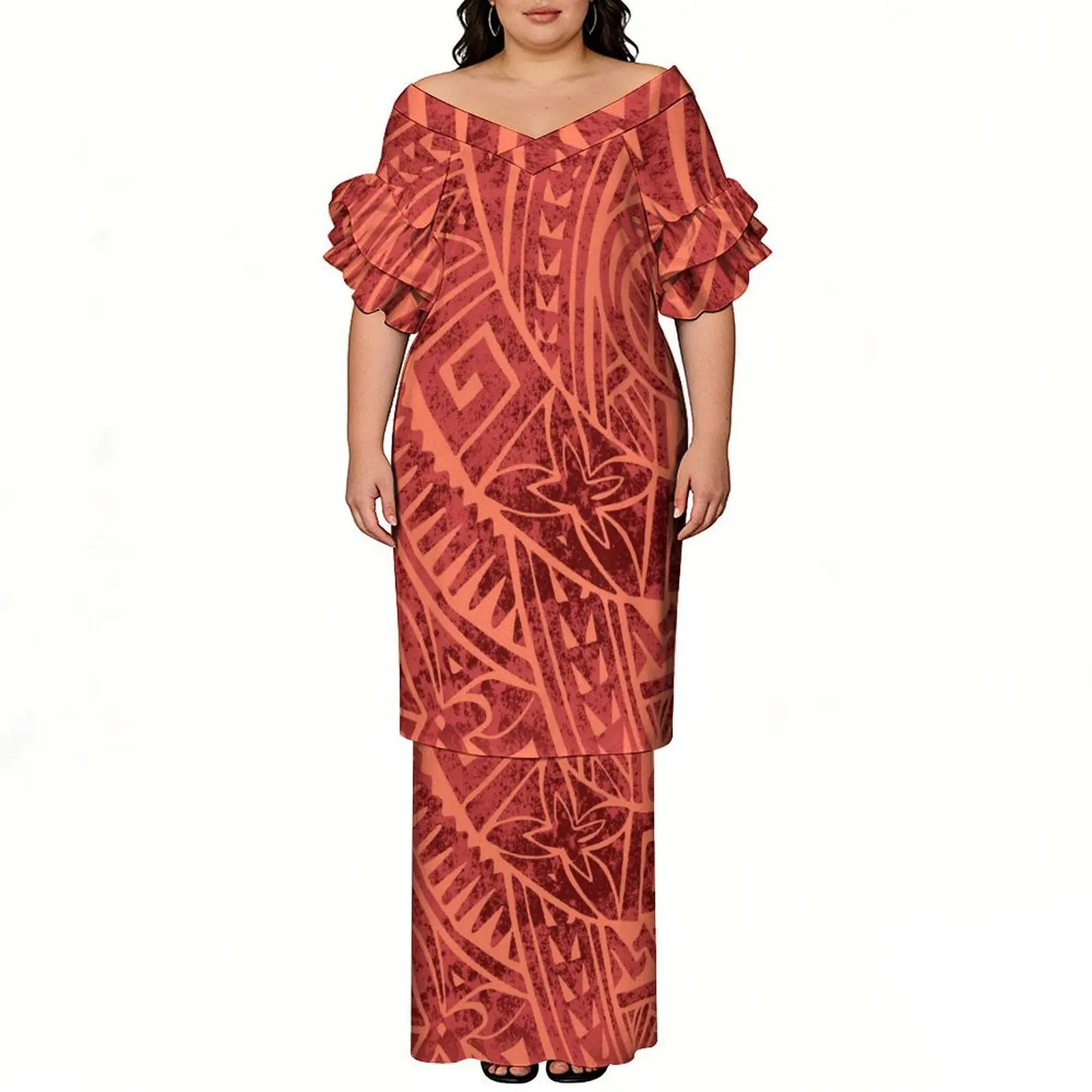 Fashion Design Custom Pattern Printed V-Neck Petal Sleeve Puletasi Style Women'S Suit Skirt - Polynesian Summer Art Dress view 5
