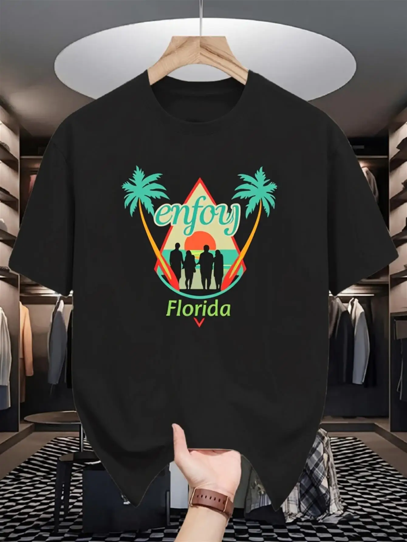 Vacation Men's Black Graphic T-Shirt Palm Tree Sunset Beach Silhouette Florida Travel Retro Letter Print 100% Cotton Heavyweight Short Sleeve Casual Streetwear Tee