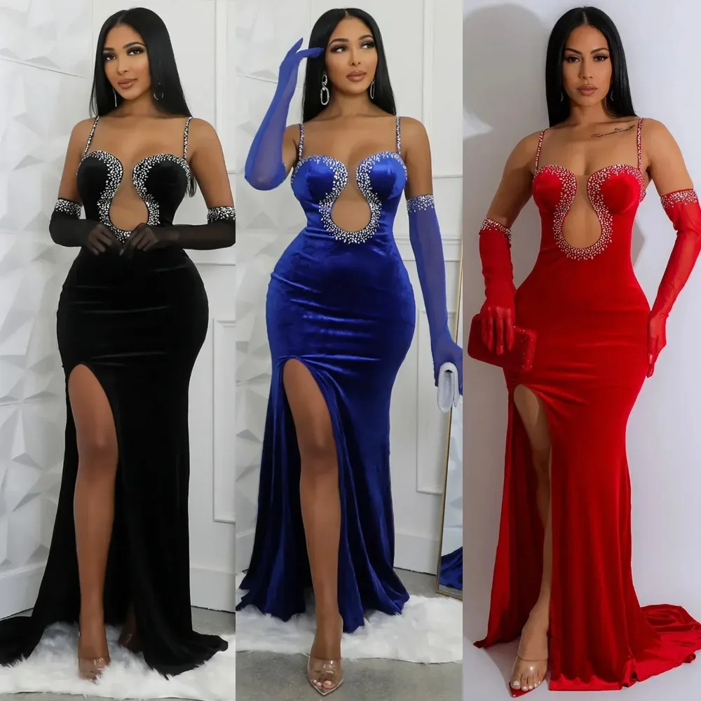 Women's Sexy Diamond Evening Dress, Nightclub Style, Hollow Out Bra, Split Long Party Dress, No Glove, Autumn Fashion, 2024