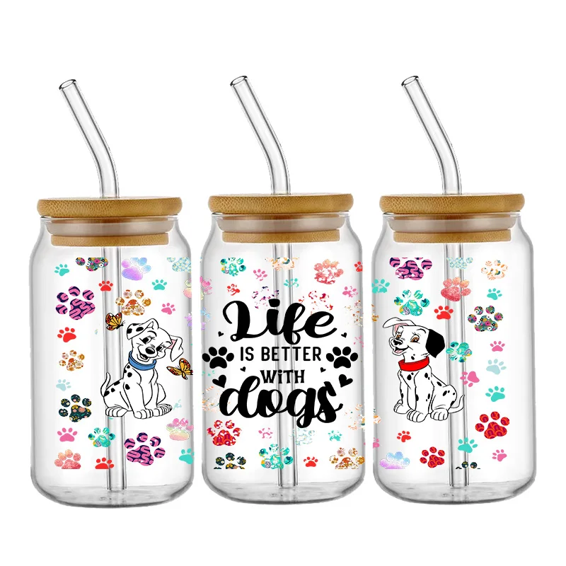 Disney cartoon 101 dálmatas uv dtf copo envolve adesivo de transferência for16oz vidro libbey pode garrafa autoadesiva lavável diy personalizado