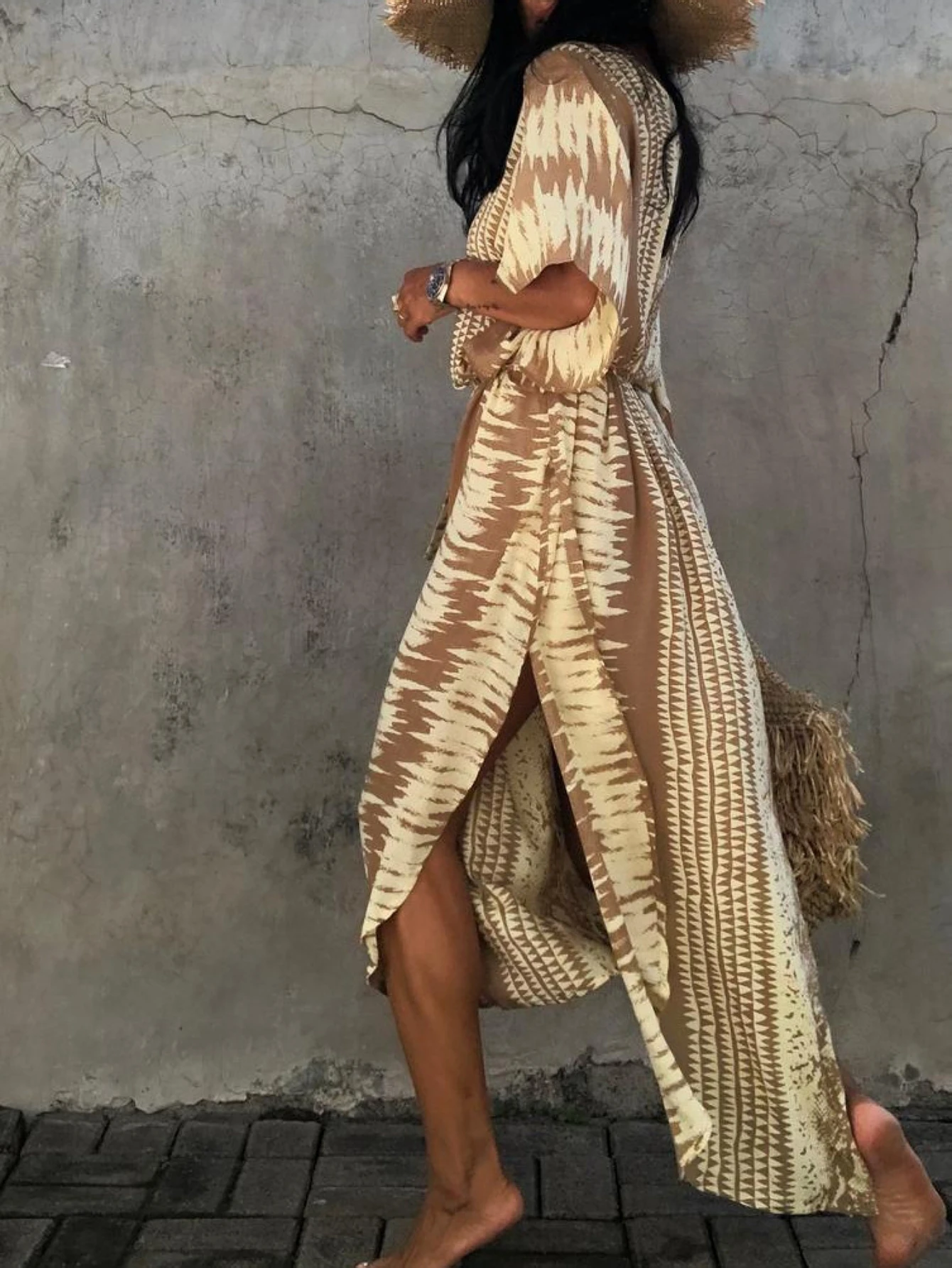 

Женский летний халат-кафтан с v-образным вырезом и этническим принтом, боковой передний подол, накидка с разрезом, пляжный отдых, повседневная свободная накидка больших размеров, Biki