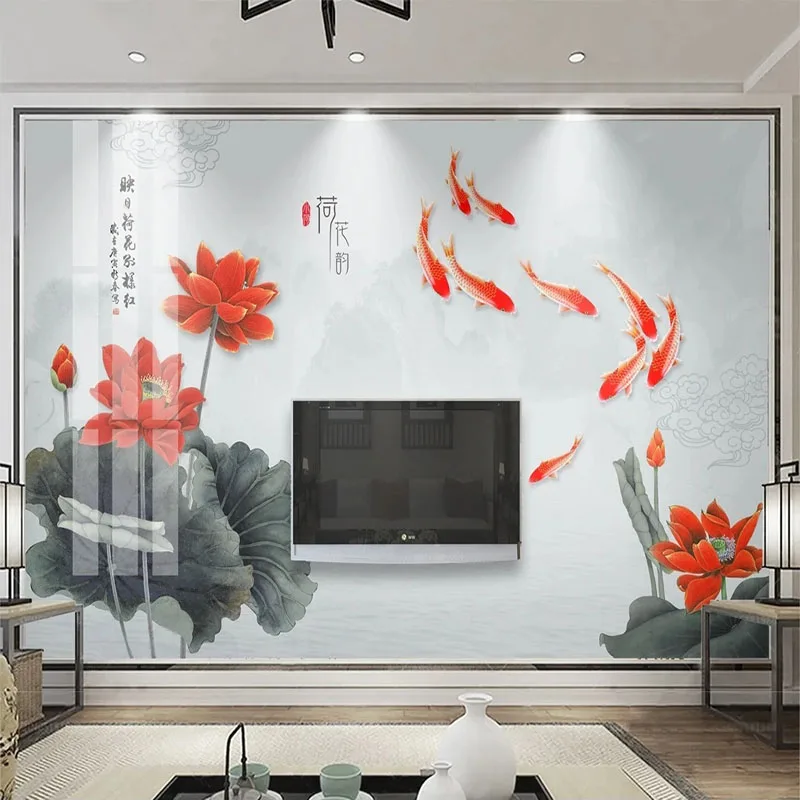 Custom 3D Photo Mural Wallpaper New Chinese Style Lotus Nine Fish Picture TV Background Wall Lotus Rhyme Papel De Parede Tapety