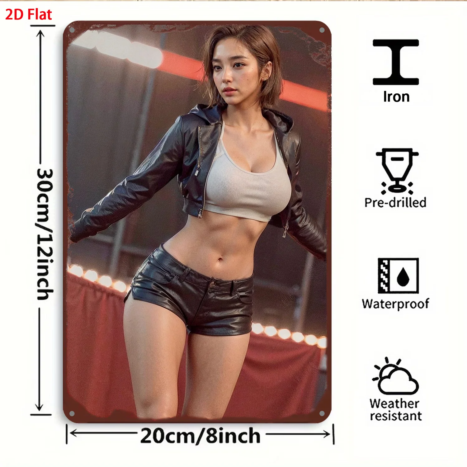 Vintage Rusty Metal Tin Sign, Asian Girl Leather Jacket & Shorts Stage‑Scene Wall Decor For Man‑Cave Garage Bar