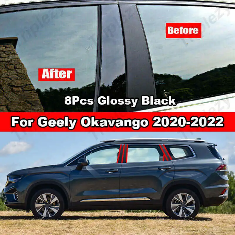 8Pcs Glossy Carbon Fiber Black Car Window Door BC Pillar Post Cover Trim PC Material Sticker For Geely Okavango Haoyue 2020-2022