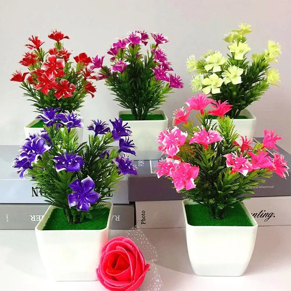 With Pots Artificial Flower Miniscape Realistic Artificial Rose Bonsai Decor Set Vibrant Color Fake False Plants