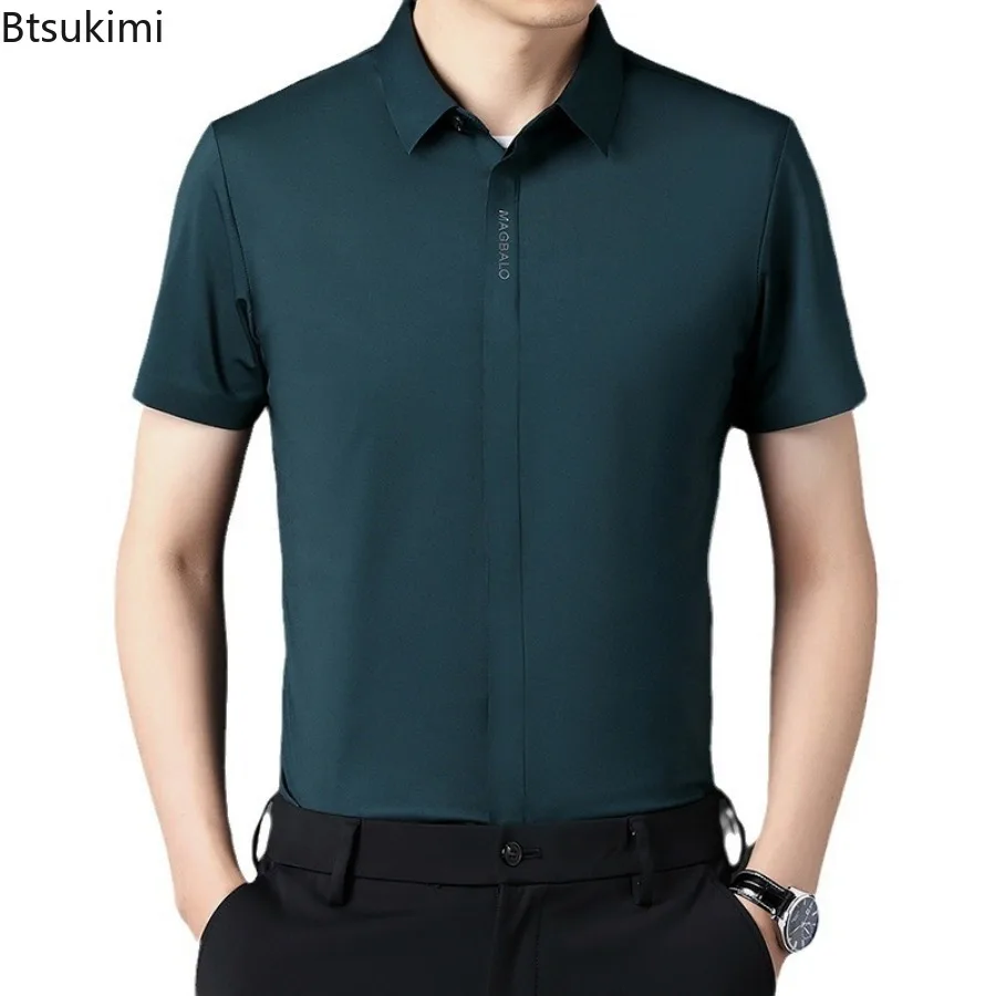 Fashion New Men's Summer Ice Silk Short Sleeve Shirts Solid Slim Business Casual Shirts Men Comfy Elastic Cardigan Social Blouse