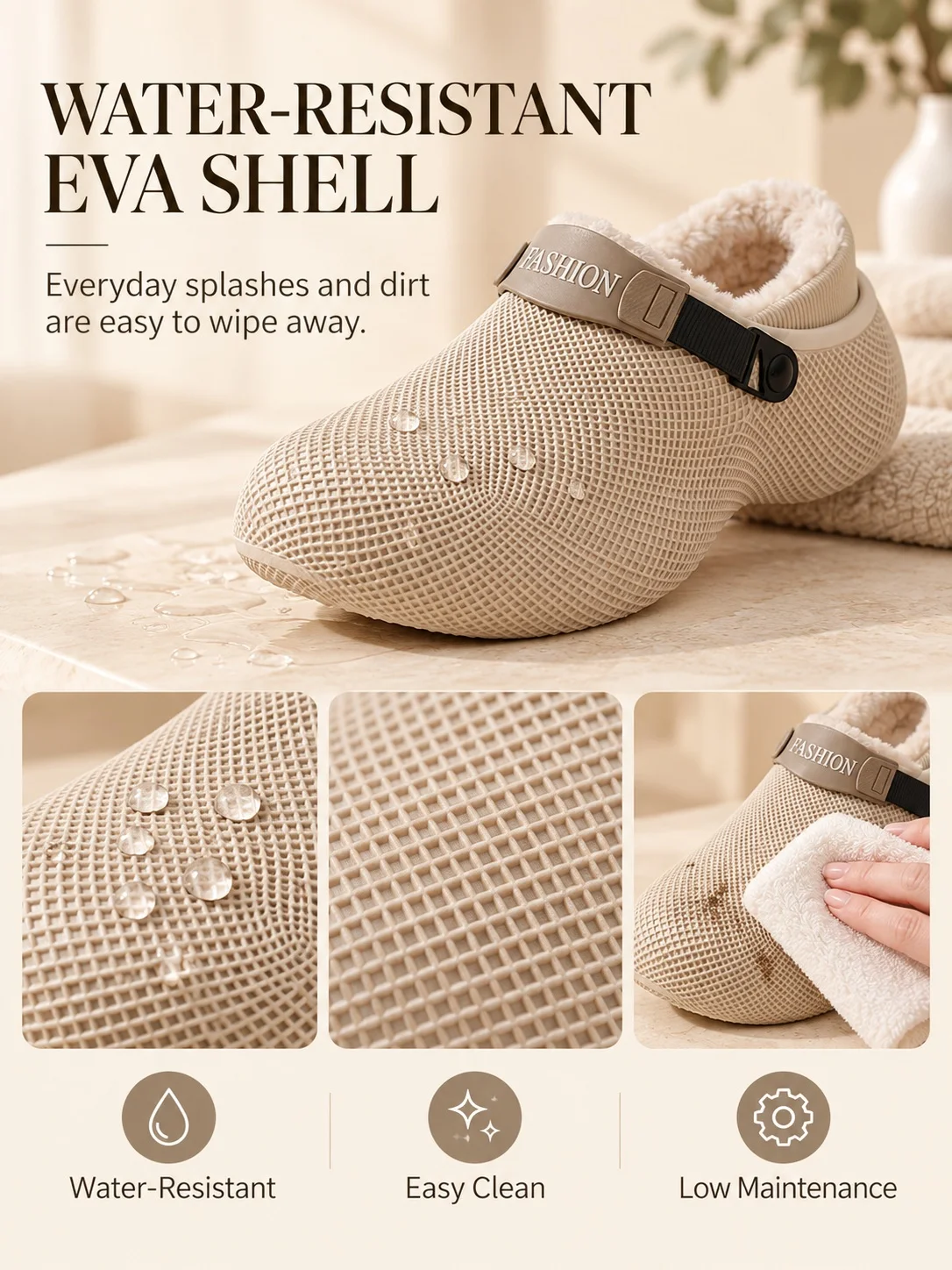 Winterfleece-gefütterte EVA-Clogs für Damen und Herren, 3 cm dicke Sohle, wasserabweisend, für drinnen und draußen, zum Hineinschlüpfen. – Detail 3
