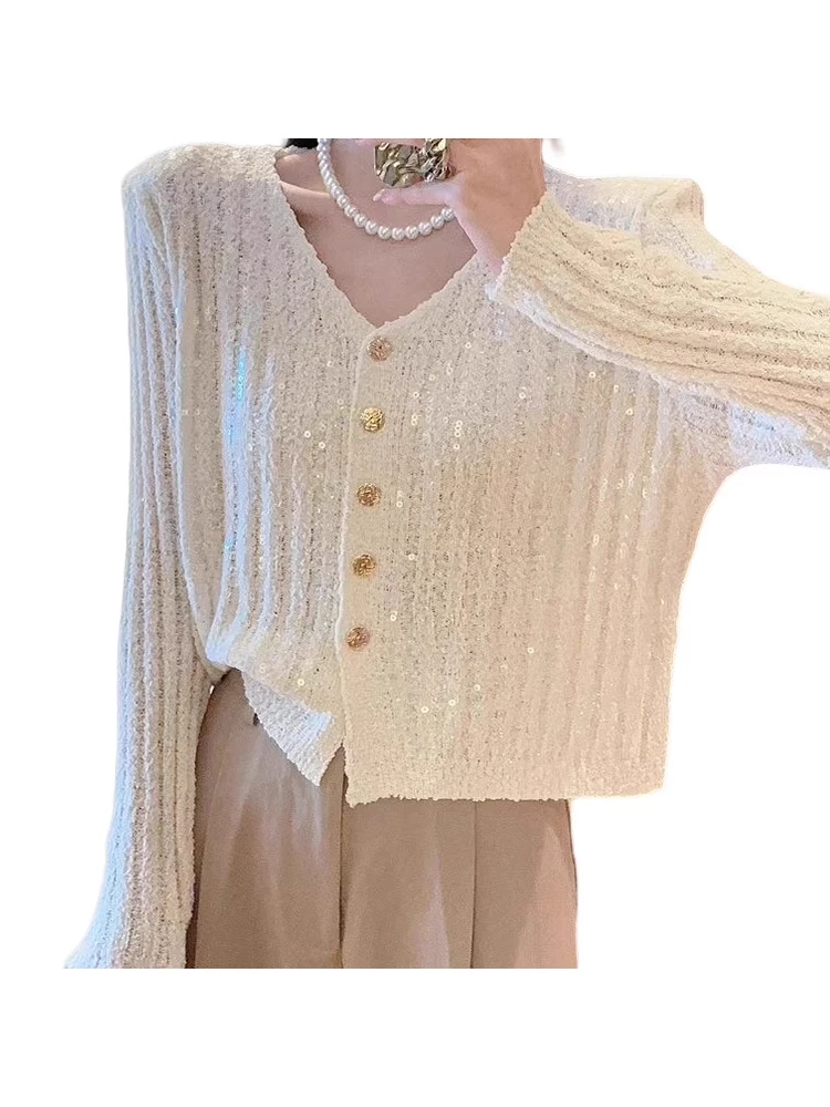 Short Bright Sequin V-Neck Knitted Open Cardigan Spring Autumn Slimming Thin Sweater Top for Women Fashionable Elegant