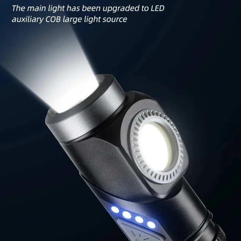 Mini LED Flashlight Rechargeable 90° Adjustable Corner Work Light Headlight  Magnet Tail Camping Torch for Outdoor Emergency