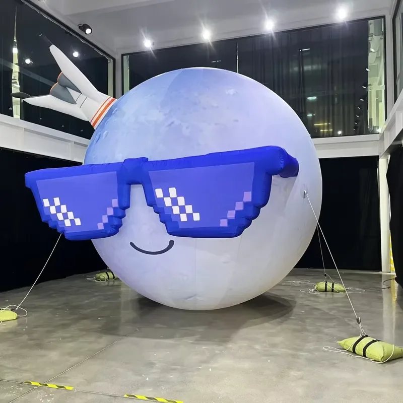 LED Lighting Inflatable Moon with Sunglasses&Crown Space Theme Inflatable Advertising Balloon Giant Inflatable Planet