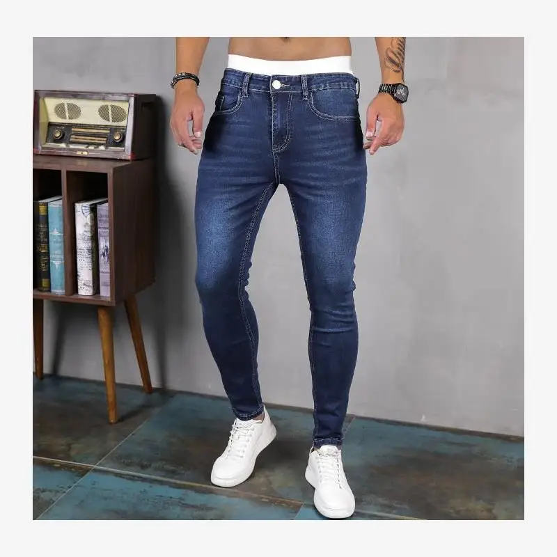 

2024 Men's Stretch Jeans Casual Slim Fit Trousers Cotton Elastic Waist Long Pants Street Sle Youth Faion Basic Mass Market