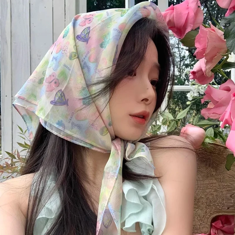 

French Floral Headscarf Spring Summer Artistic Chiffon Square Scarf Beach Retro Hair Scarf for Women Travel Photo Accessories