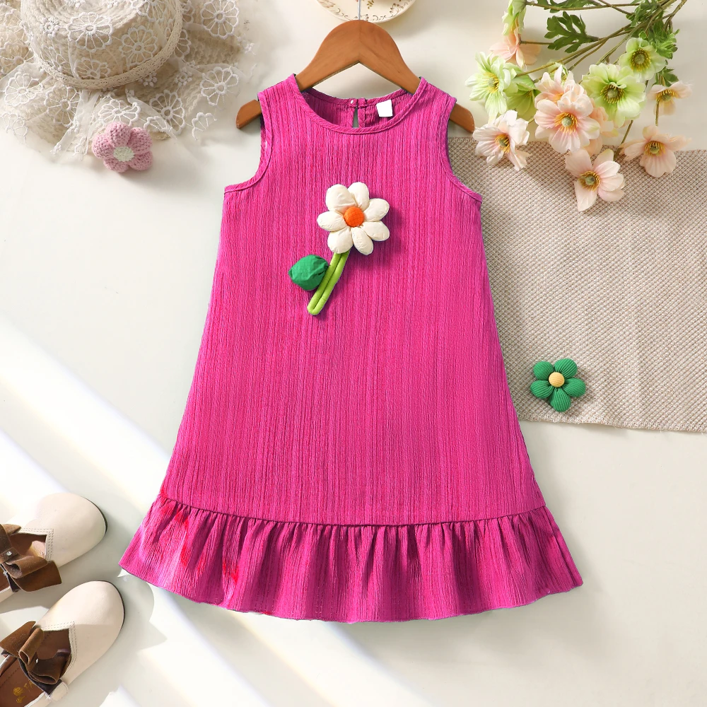 Girls' summer three-dimensional floral sleeveless vest dress, casual vest dress