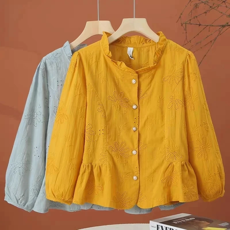 

Faionable ort Sve Embroidered Hollow out irt Autumn Design Ladies Casual Sle Polyester Fiber Slim Fit Youthful Look