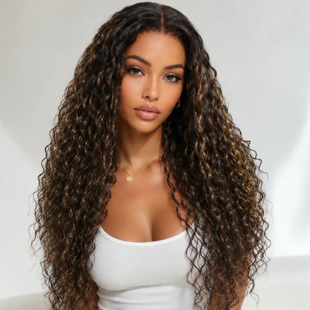 UNice No-Slip 7x5 Lace Golden Blonde Balayage Highlights Water Wave Human Hair Wig With Drawstring Glueless Wig Ready To Wear