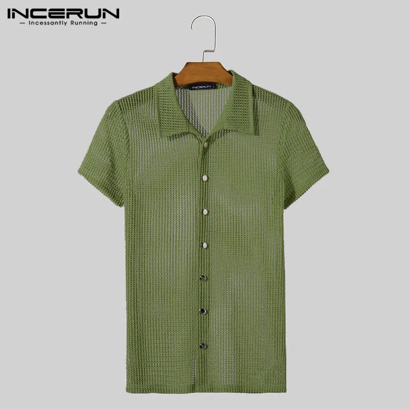 INCERUN Men Shirts 2024 Lapel Short Sleeve Mesh Transparent Hollow Out Men Clothing Streetwear Solid Color Fashion Camisas S-5XL