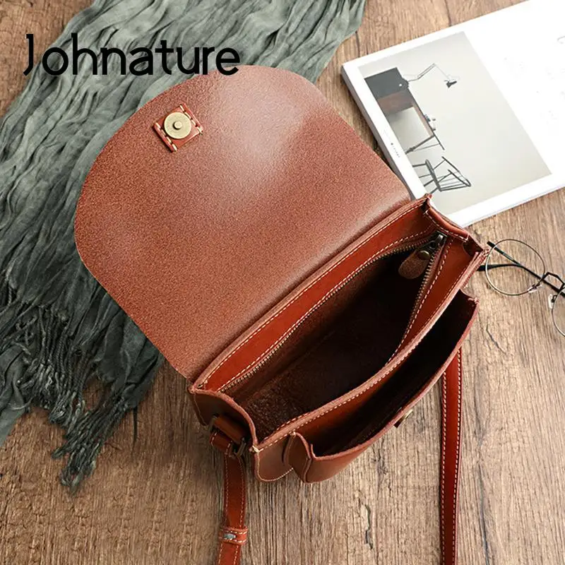 Johnature Simple Genuine Leather Women Bag 2024 New Handmade Vintage Shoulder Bags Solid Color Natural Cowhide Messenger Bag