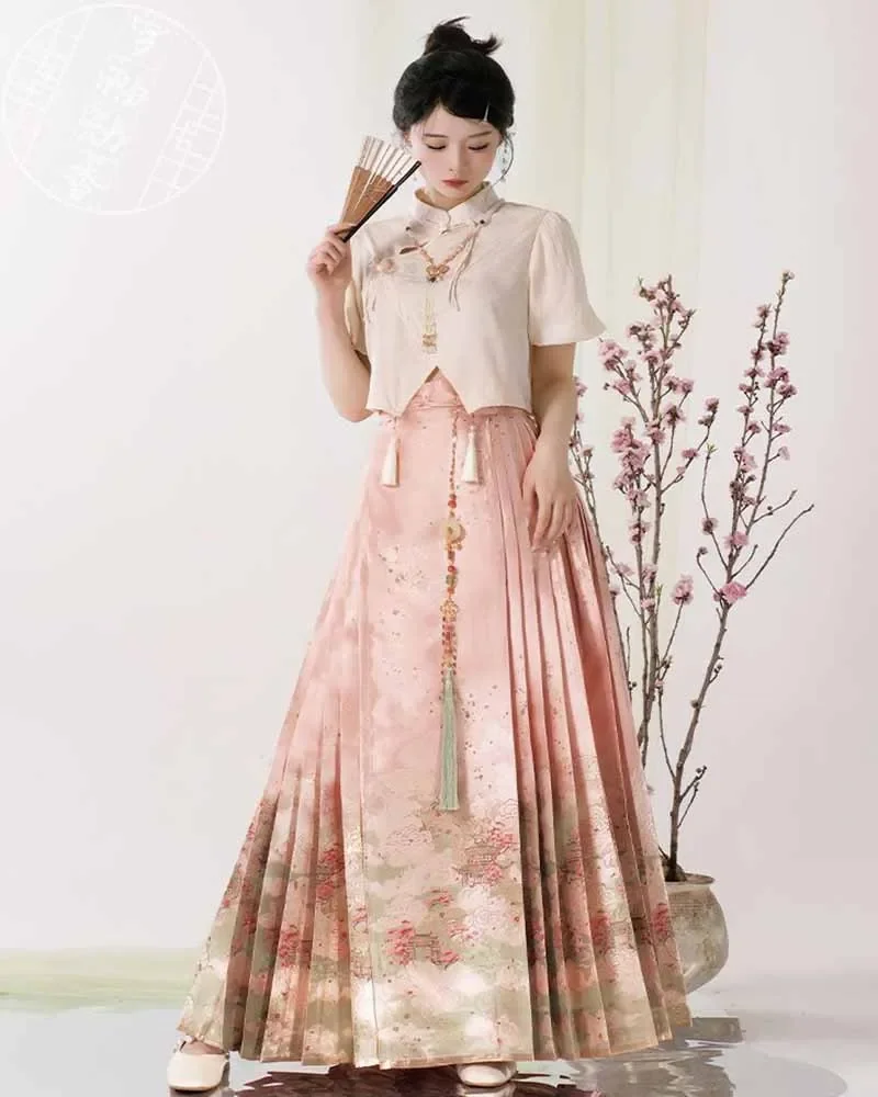 Hanfu-Jupe visage de cheval pour femme, chemise à manches courtes et jupe, ensembles chinois Hanfu, grande taille 4XL, été, 2 pièces