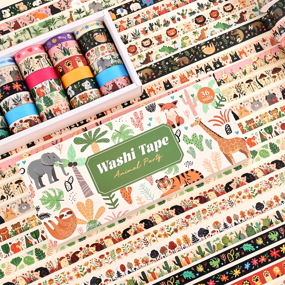 36 Rolls Vintage Animal Party Washi Tape Set 3 Widths Retro Decorative Tapes  for Scrapbooking Bullet Journals DIY Crafts 