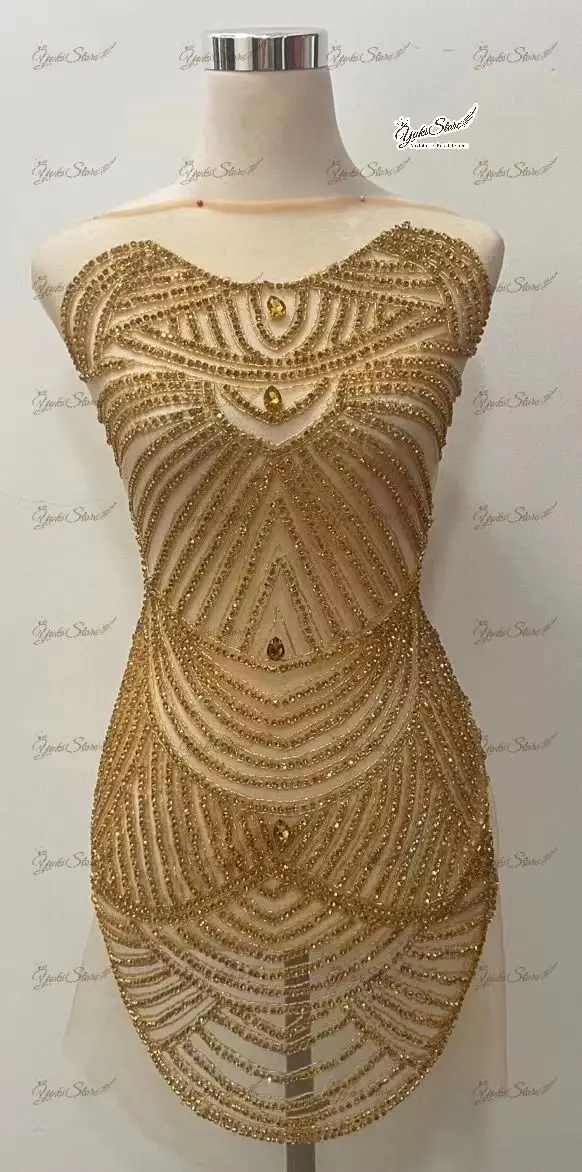 

Handmade Rhinestones lace Bodice Applique sew on Beads Sequins Trimming gold Patches for Dress Clothing Accessories JY044 2024