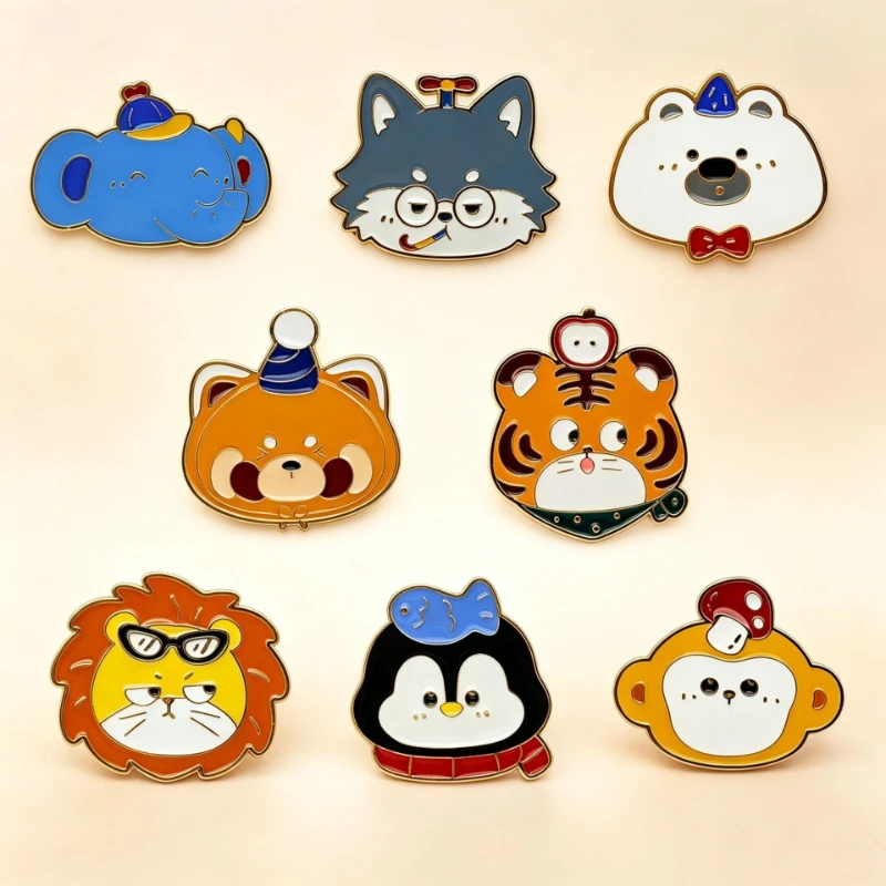 Kids Cute Cartoon Animal Brooches Lion Tiger Penguin Monkey Panda Badge Pin DIY Clothing Bags Hat Scarf Decoration Accessories