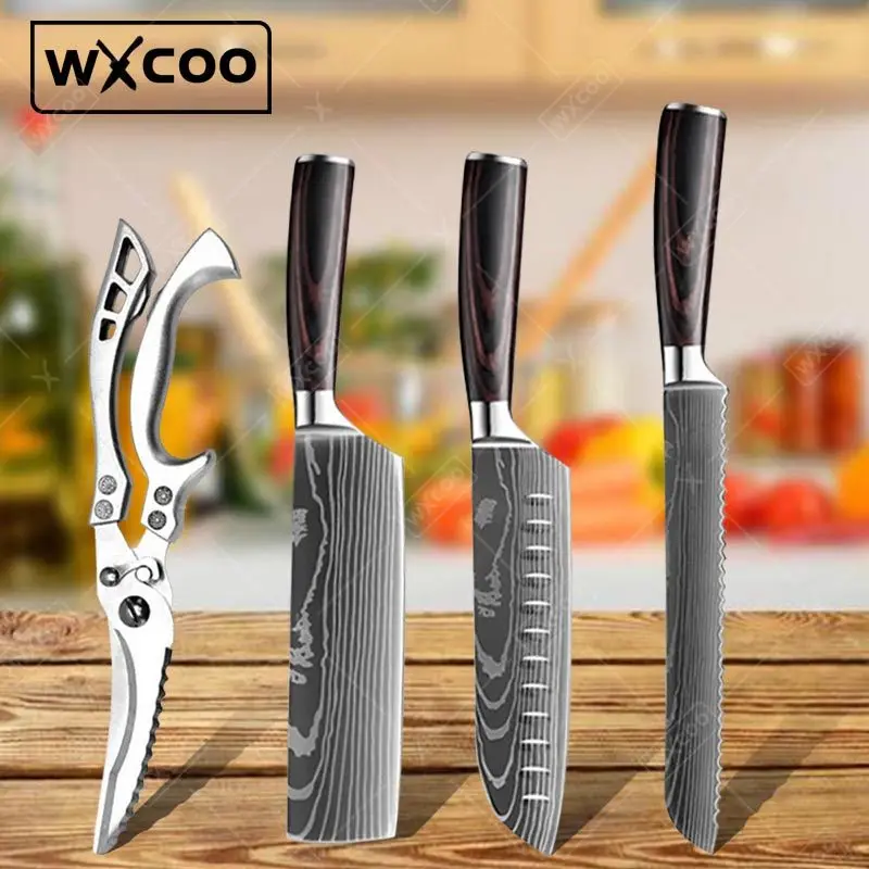 WXCOO High Carbon Stainless Steel Boning Knife Japanese Kitchen Knives Set Sharp Wood Handle Fruit Knife Cooking Tools Scissors