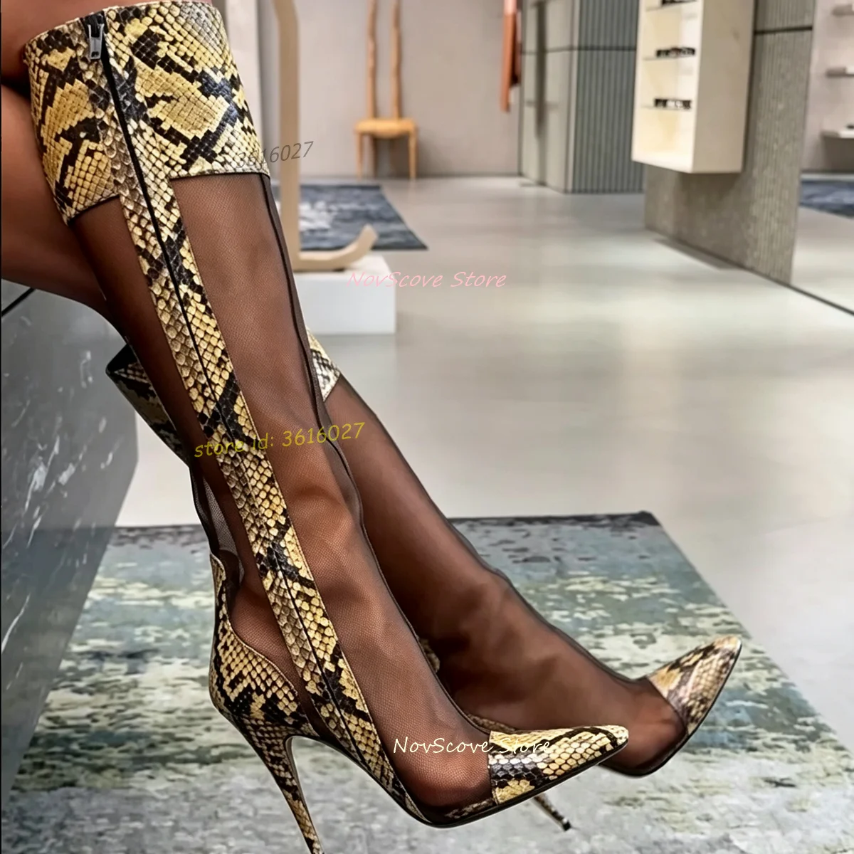 Pointy Toe Mesh Knee High Booties Patchwork Snake Pattern Leather Side Zip Stiletto High Heels Autumn Long Booties