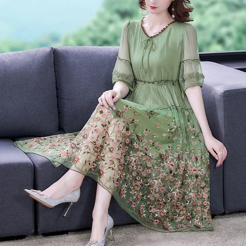 Heavy Industry Embroidered Imitation Silk Dress 2024 Summer New High-End Temperament Thin Brand Mulberry Silk Mid-Length Skirt