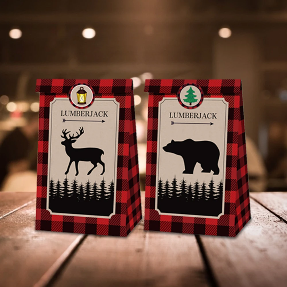 

LB033 12pcs Coplay Lumberjack Logging Birthday Xmas Party Gift Bags with Sticker Baby Shower Party Food Biscuit Kraft Paper Bag