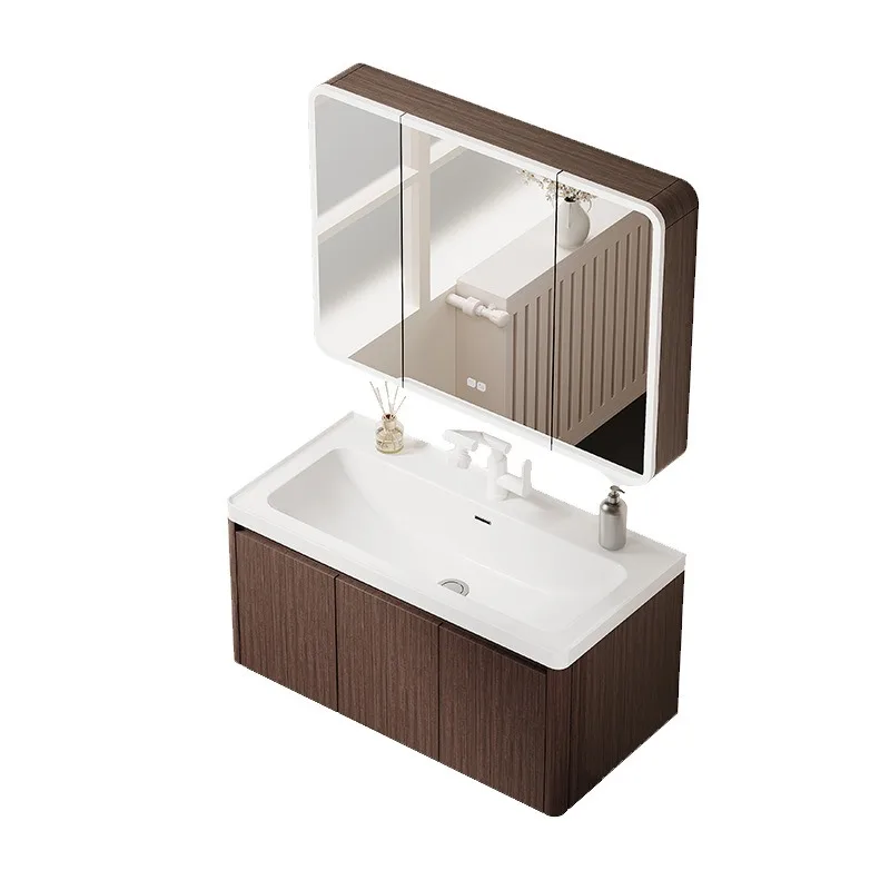 

Medieval style walnut honeycomb aluminum arc bathroom cabinet ceramic integrated wash basin washstand