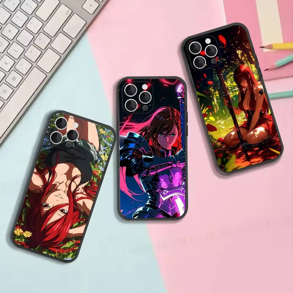 Funda de Teléfono con Estética Erza Scarlet para iPhone 16, 15, 14, 13, 12, 11, Pro, Max, Plus, X, XS, SE4, E, Mini, Funda Negra Suave