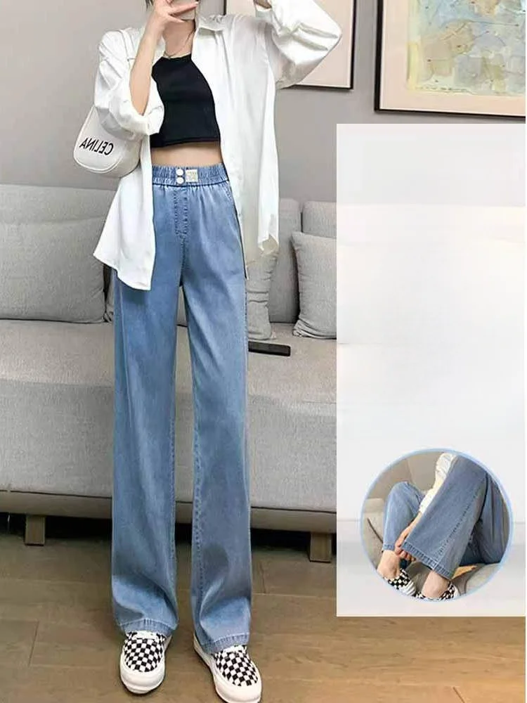 Damskie jeansy z wysokim stanem i szerokimi nogawkami, letnie, cienkie, z jedwabiu lodowego, luźny krój, długie spodnie, zwiewne spodnie z szerokimi nogawkami, wygodne, codzienne jeansy.